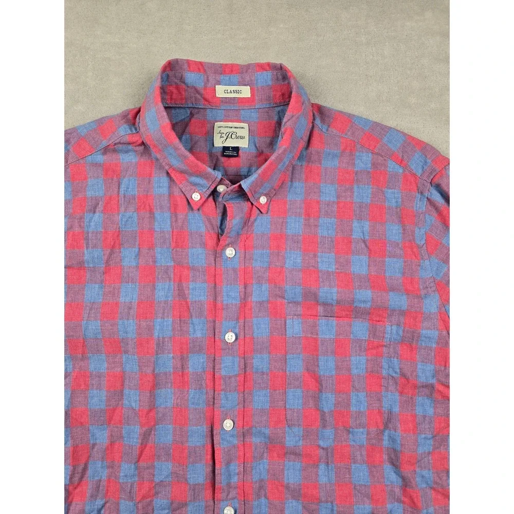 J. Crew Button Down Shirt Mens Large Red Blue Gingham Check Short Sleeve Classic